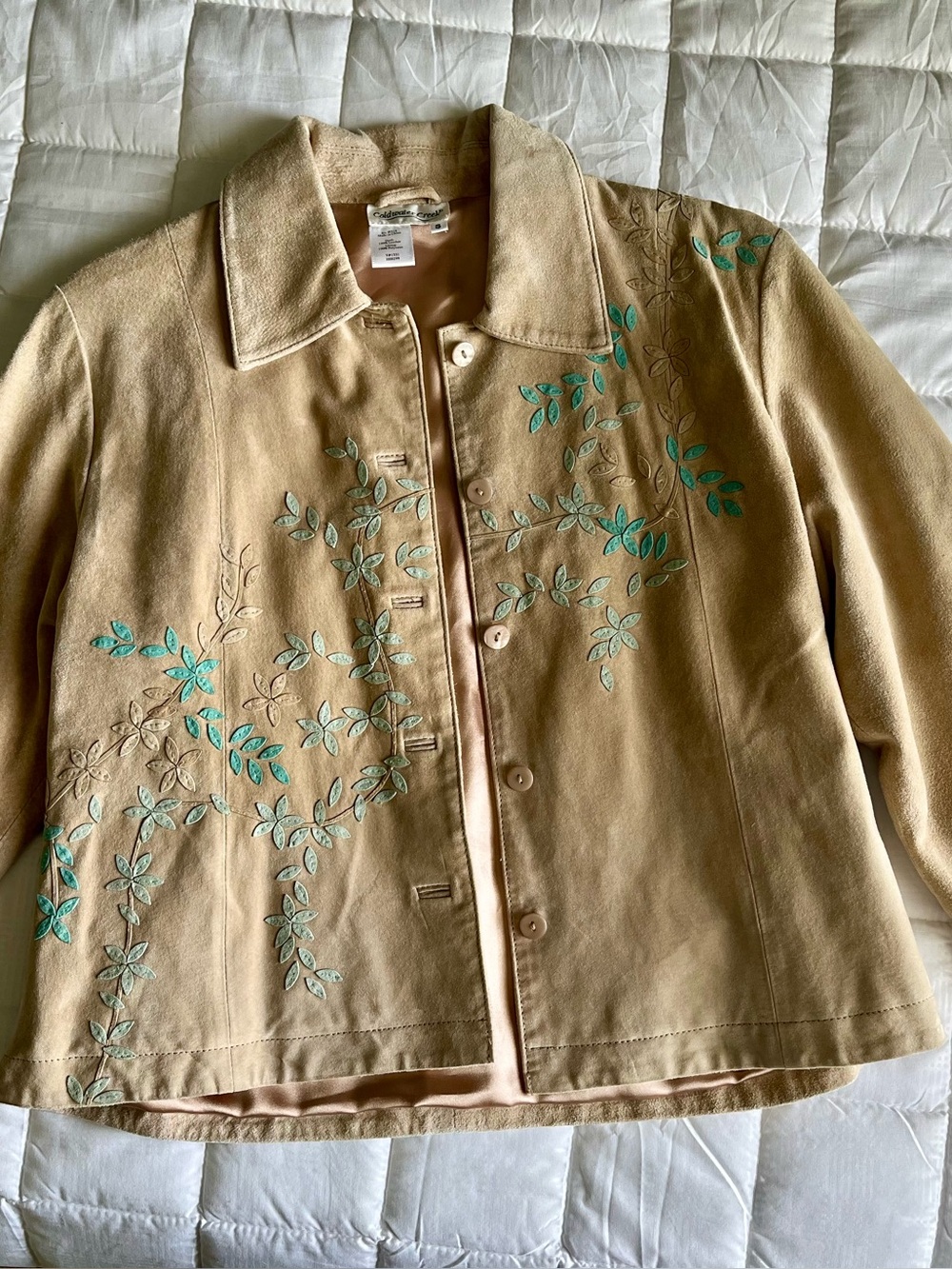 Coldwater Creek Tan Faux-Suede Jacket with Teal Leaf Accents